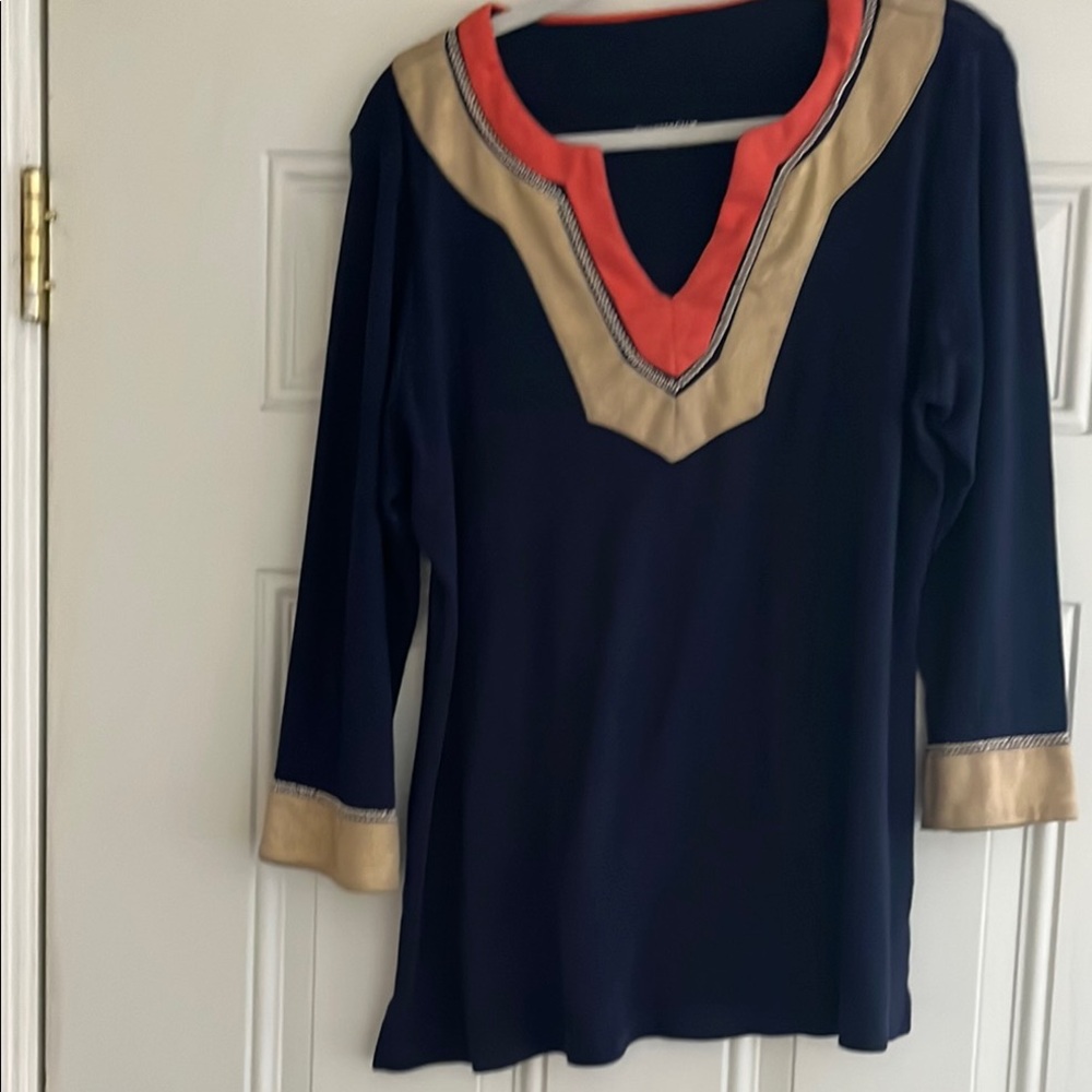 Navy and Tan Women's Top